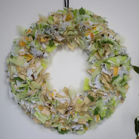 Handmade Green and Gold Fabric Wreath | Upcycled, Rustic Wall Decor