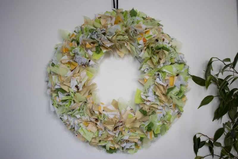 Handmade Green and Gold Fabric Wreath | Upcycled, Rustic Wall Decor