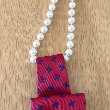 Upcycled one-of-a-kind red necktie accessory with bits of blue