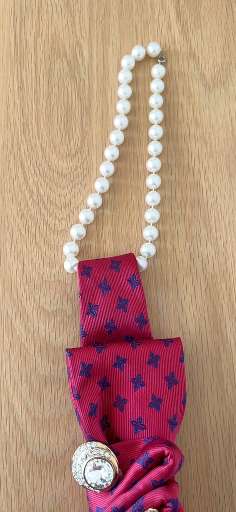 Upcycled one-of-a-kind red necktie accessory with bits of blue