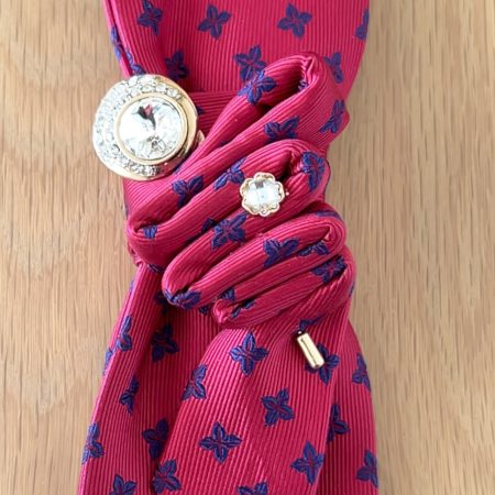 Upcycled one-of-a-kind red necktie accessory with bits of blue