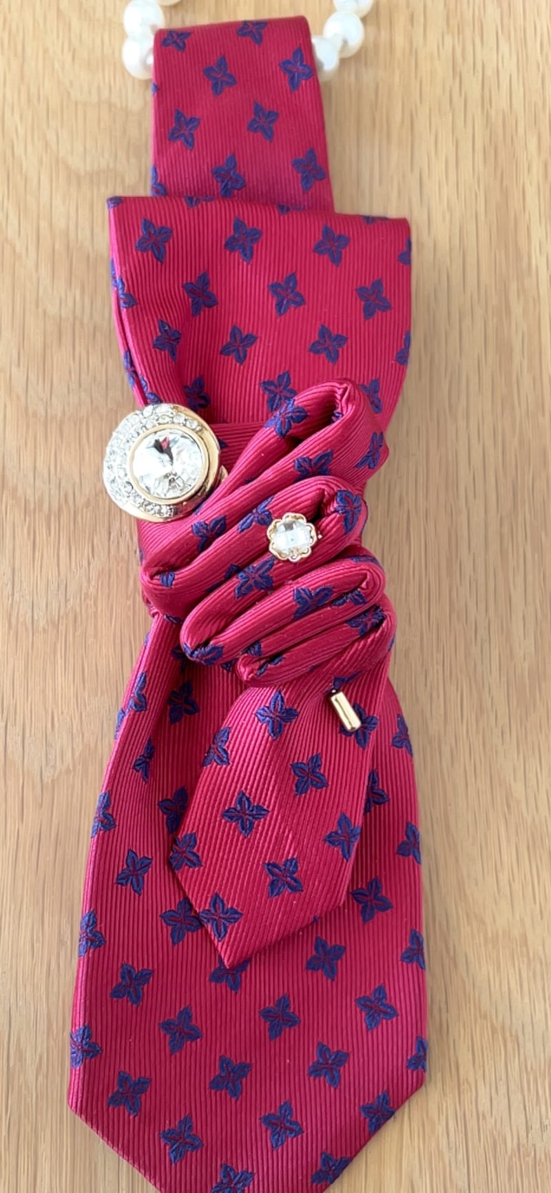 Upcycled one-of-a-kind red necktie accessory with bits of blue