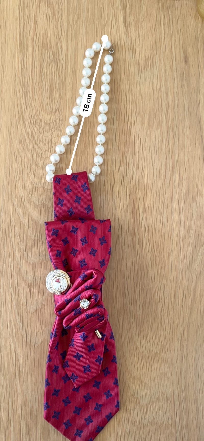Upcycled one-of-a-kind red necktie accessory with bits of blue