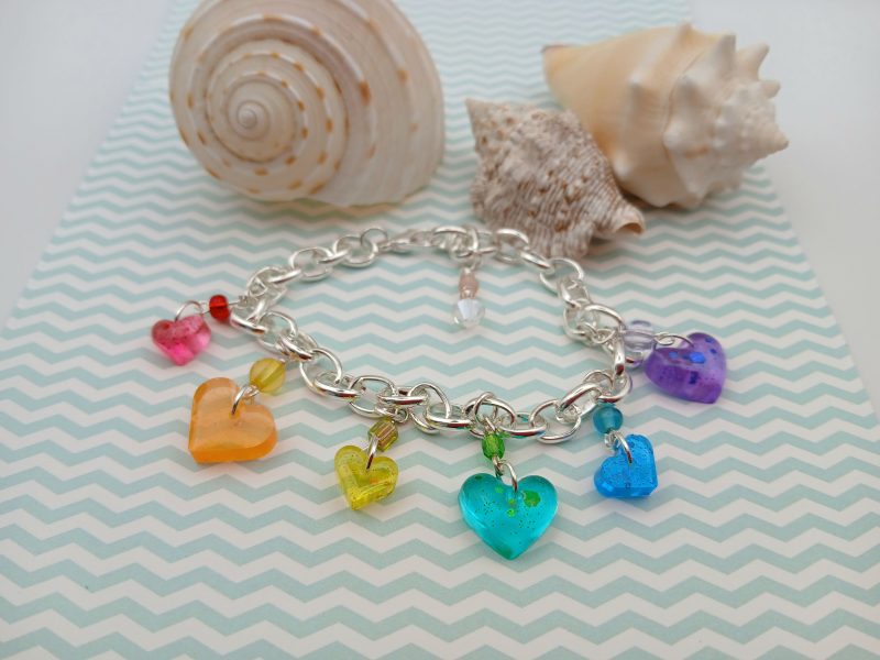 Rainbow Heart Chunky Charm bracelet with accent beads