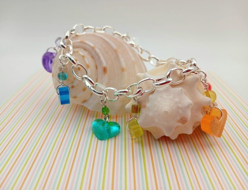Rainbow Heart Chunky Charm bracelet with accent beads