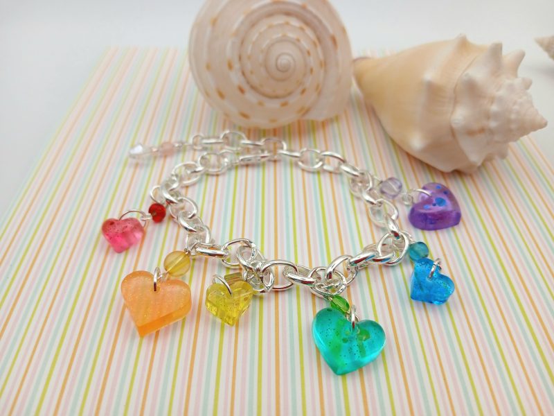 Rainbow Heart Chunky Charm bracelet with accent beads