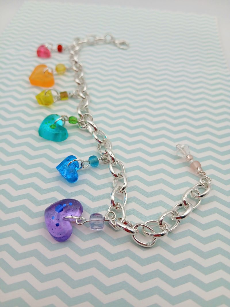 Rainbow Heart Chunky Charm bracelet with accent beads
