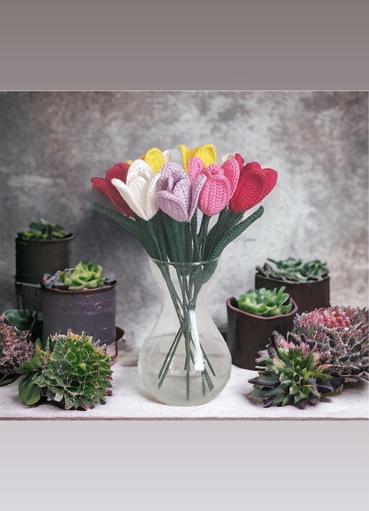 Handmade Crochet Flower Stems in Various Cotton Colours