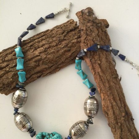 Chunky turquoise, lapis lazuli and Tibetan silver necklace