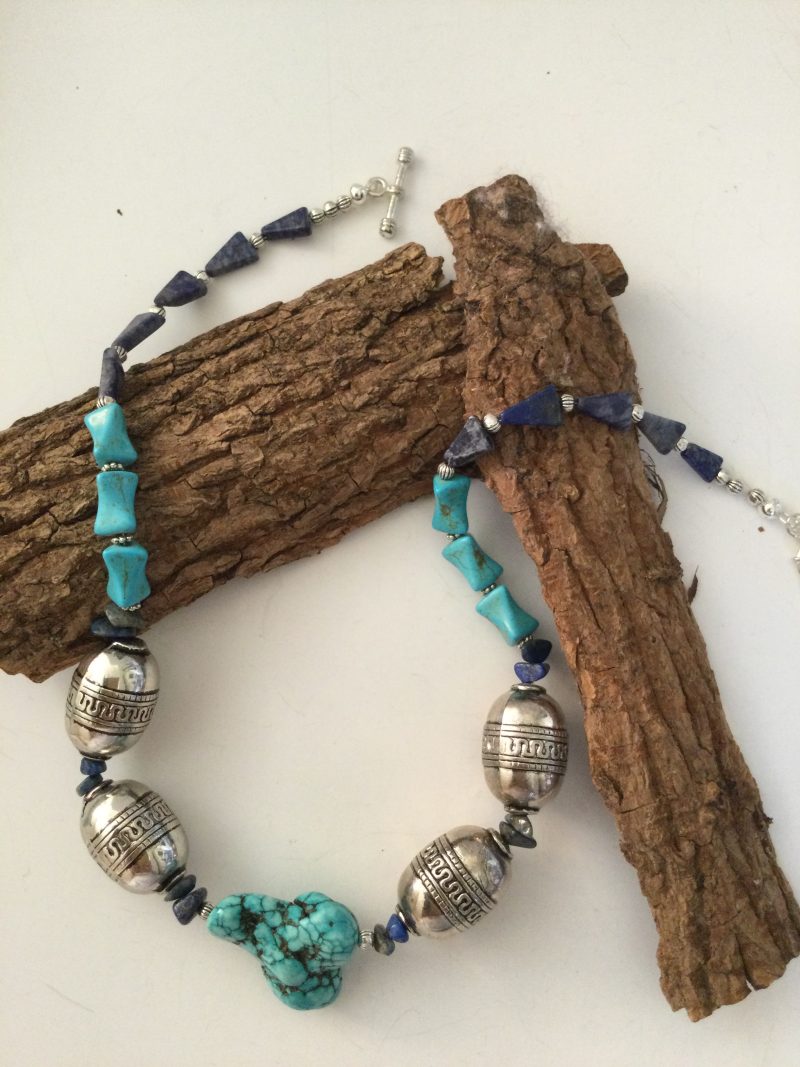 Chunky turquoise, lapis lazuli and Tibetan silver necklace