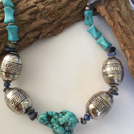 Chunky turquoise, lapis lazuli and Tibetan silver necklace