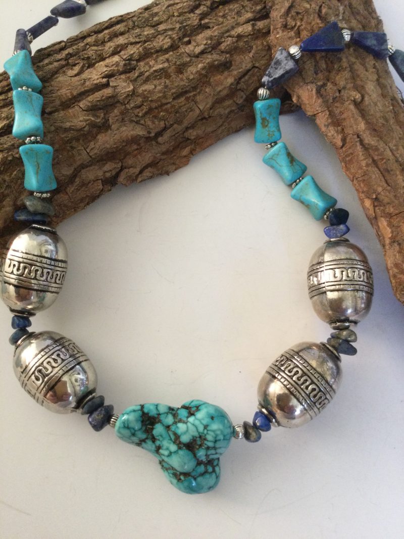 Chunky turquoise, lapis lazuli and Tibetan silver necklace