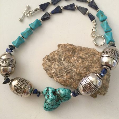 Chunky turquoise, lapis lazuli and Tibetan silver necklace