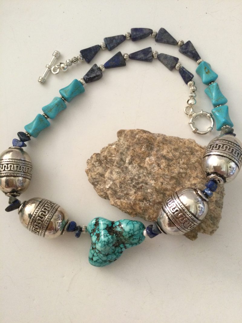 Chunky turquoise, lapis lazuli and Tibetan silver necklace