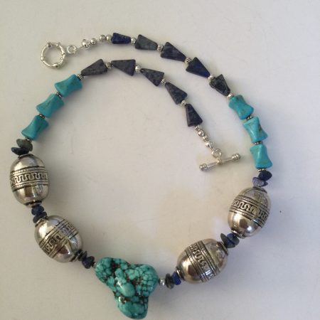 Chunky turquoise, lapis lazuli and Tibetan silver necklace