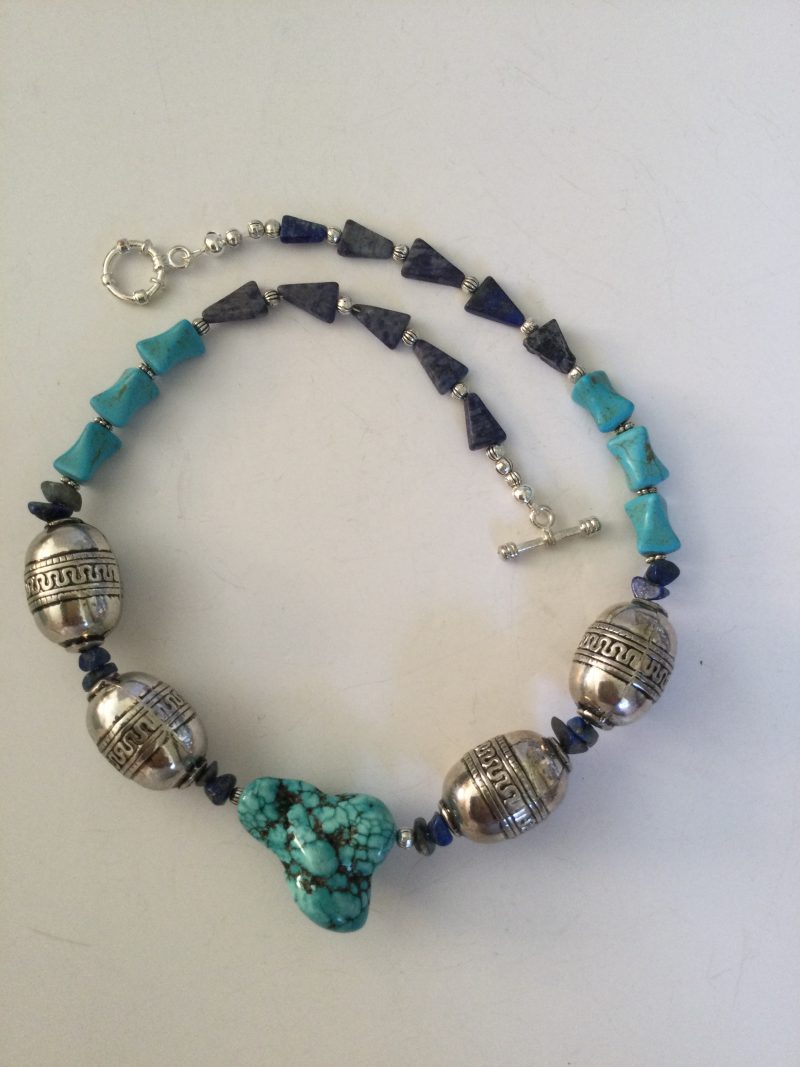 Chunky turquoise, lapis lazuli and Tibetan silver necklace