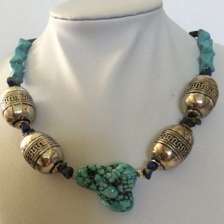 Chunky turquoise, lapis lazuli and Tibetan silver necklace