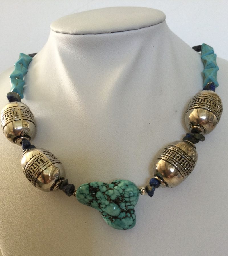 Chunky turquoise, lapis lazuli and Tibetan silver necklace