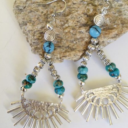 Silver sunburst and sea sediment jasper dangle earrings