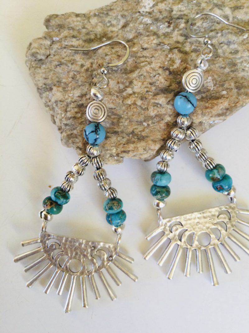Silver sunburst and sea sediment jasper dangle earrings