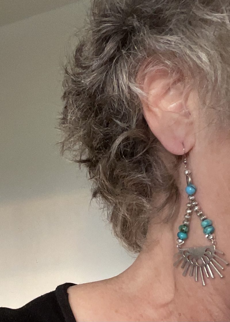 Silver sunburst and sea sediment jasper dangle earrings