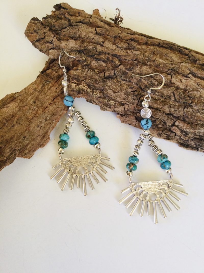 Silver sunburst and sea sediment jasper dangle earrings