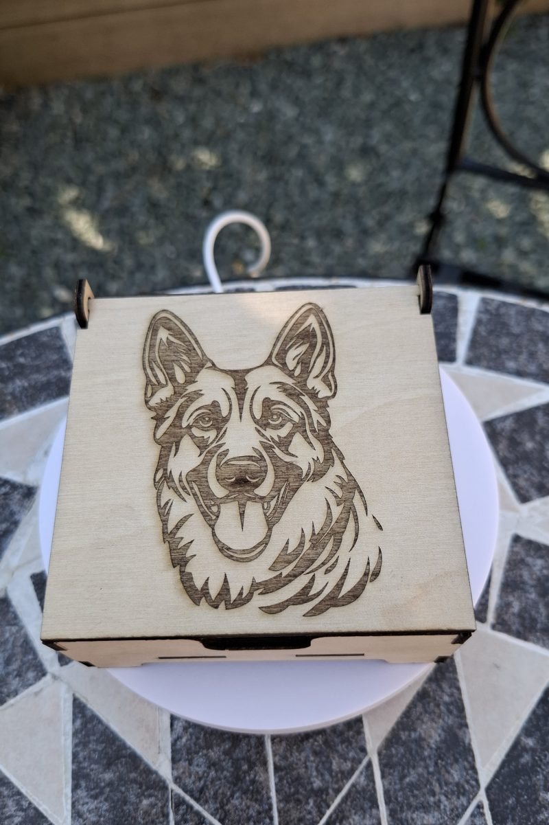 Engraved Dog Breed 4 Coaster Set plus storage box, Wooden Coffee Table Drinks Mats, Housewarming Present.