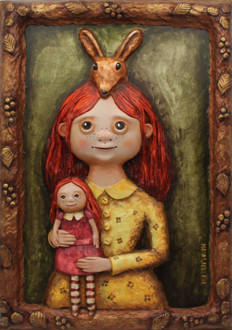 OOAK 3D Relief Portrait Lila Sunkeeper, Paper Clay Sculpture, 30x42 cm Warm Vintage Wall Art