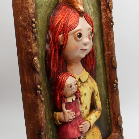 OOAK 3D Relief Portrait Lila Sunkeeper, Paper Clay Sculpture, 30x42 cm Warm Vintage Wall Art