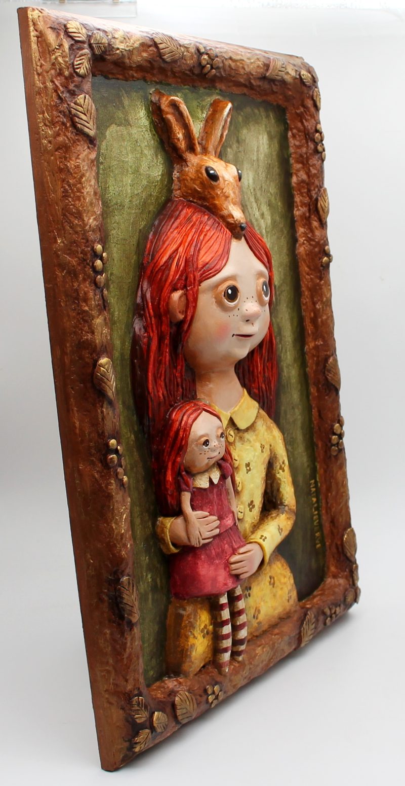 OOAK 3D Relief Portrait Lila Sunkeeper, Paper Clay Sculpture, 30x42 cm Warm Vintage Wall Art