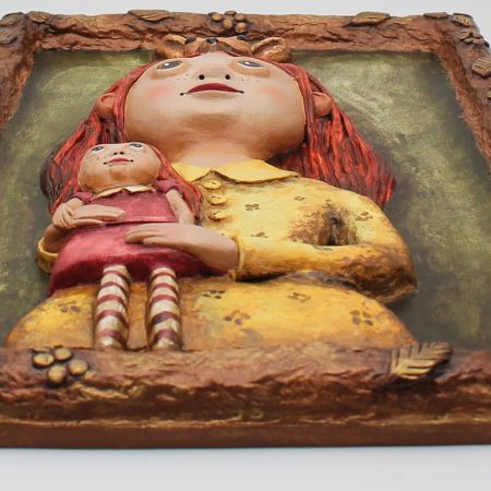 OOAK 3D Relief Portrait Lila Sunkeeper, Paper Clay Sculpture, 30x42 cm Warm Vintage Wall Art