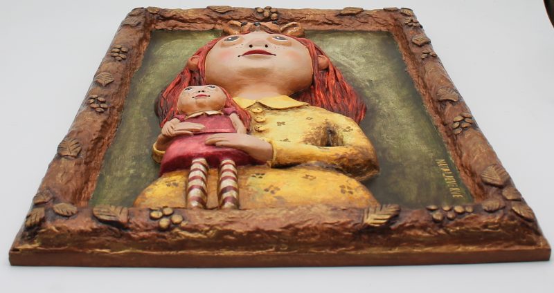 OOAK 3D Relief Portrait Lila Sunkeeper, Paper Clay Sculpture, 30x42 cm Warm Vintage Wall Art