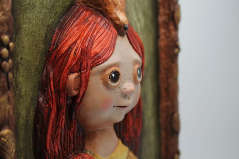 OOAK 3D Relief Portrait Lila Sunkeeper, Paper Clay Sculpture, 30x42 cm Warm Vintage Wall Art