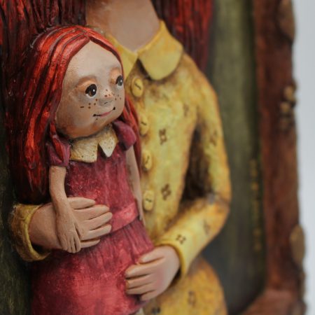 OOAK 3D Relief Portrait Lila Sunkeeper, Paper Clay Sculpture, 30x42 cm Warm Vintage Wall Art