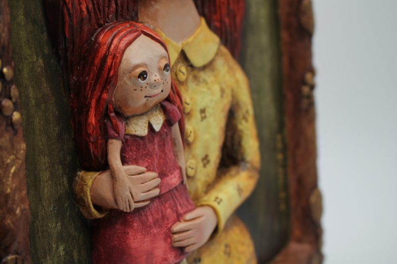 OOAK 3D Relief Portrait Lila Sunkeeper, Paper Clay Sculpture, 30x42 cm Warm Vintage Wall Art
