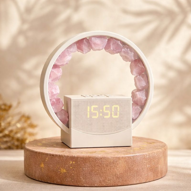 Large Rose Quartz crystal ring light with built in white noise / Bluetooth / clock