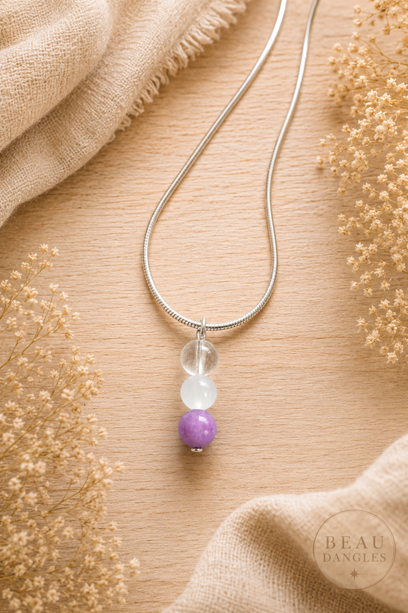 Peace & Perspective Pendant – Clear Quartz, Selenite & Amethyst Crystal Necklace