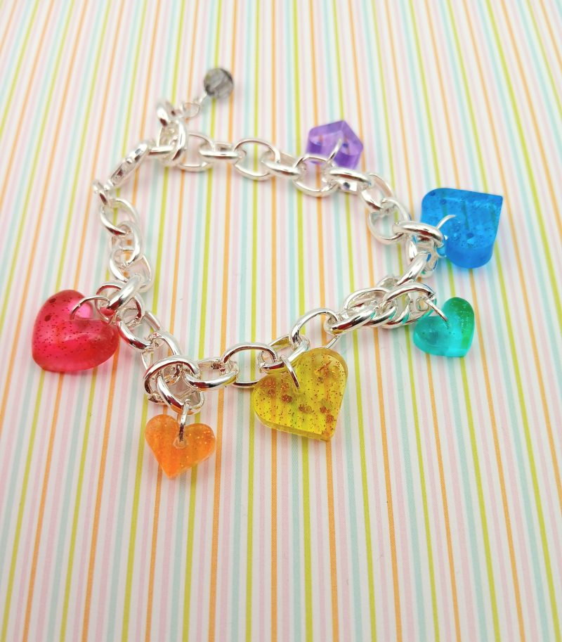 Rainbow Resin Hearts Chunky Charm bracelet