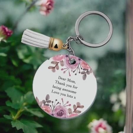 Personalised Round Keychain with Flower Design and Tassel, 7cm