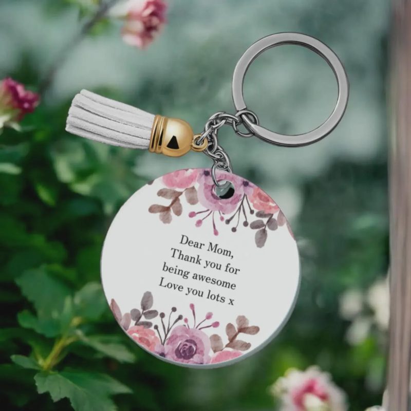 Personalised Round Keychain with Flower Design and Tassel, 7cm