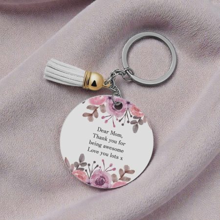 Personalised Round Keychain with Flower Design and Tassel, 7cm