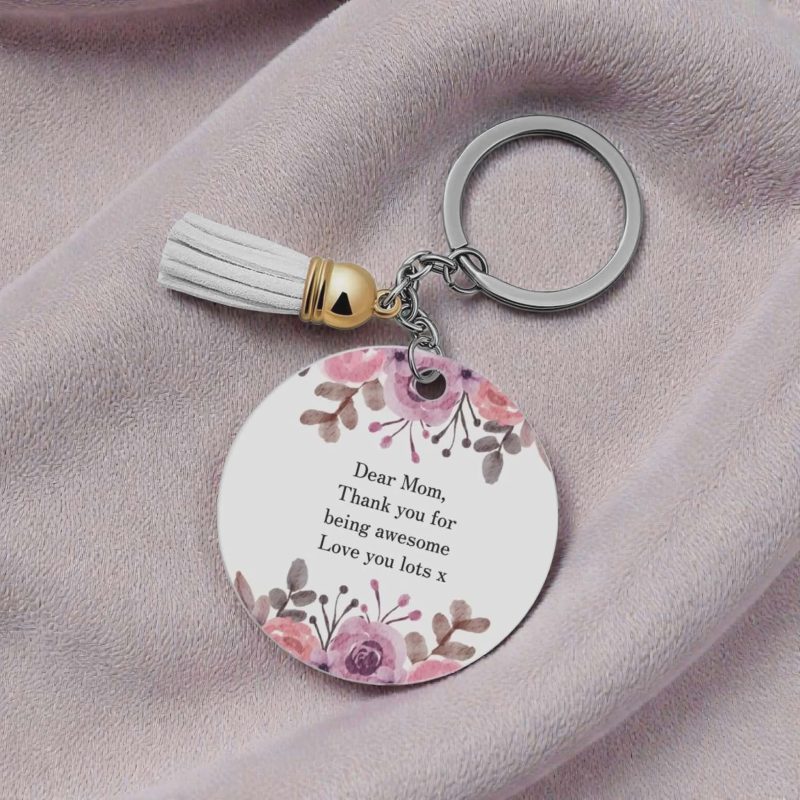 Personalised Round Keychain with Flower Design and Tassel, 7cm