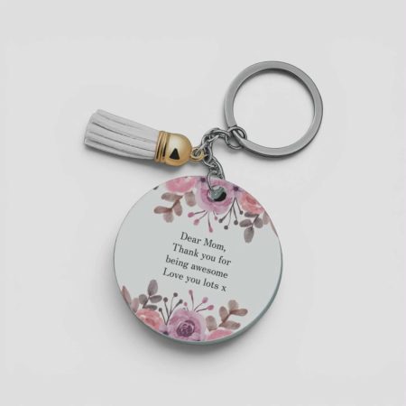 Personalised Round Keychain with Flower Design and Tassel, 7cm
