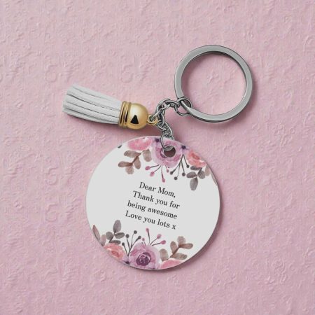 Personalised Round Keychain with Flower Design and Tassel, 7cm