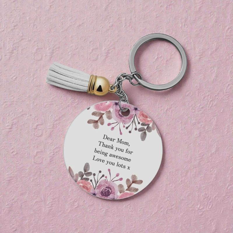 Personalised Round Keychain with Flower Design and Tassel, 7cm