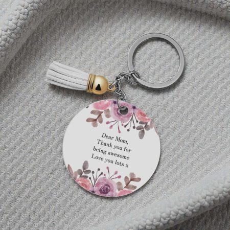 Personalised Round Keychain with Flower Design and Tassel, 7cm