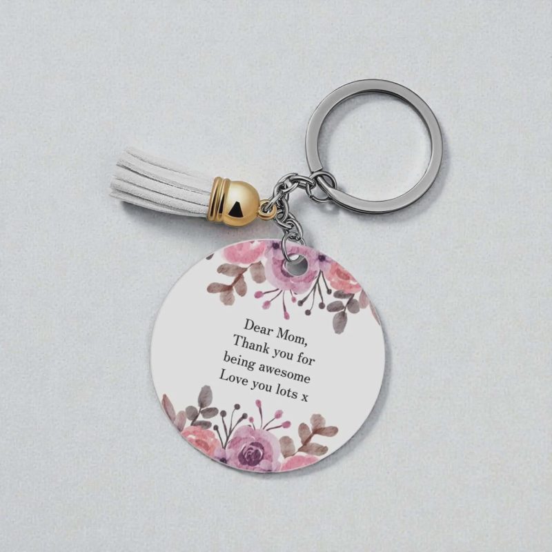 Personalised Round Keychain with Flower Design and Tassel, 7cm