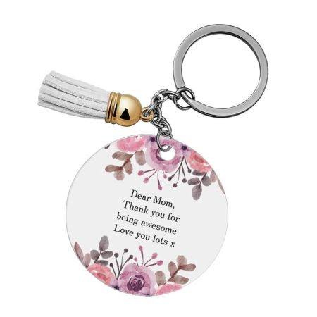Personalised Round Keychain with Flower Design and Tassel, 7cm