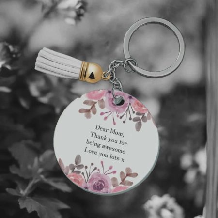 Personalised Round Keychain with Flower Design and Tassel, 7cm