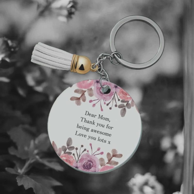 Personalised Round Keychain with Flower Design and Tassel, 7cm
